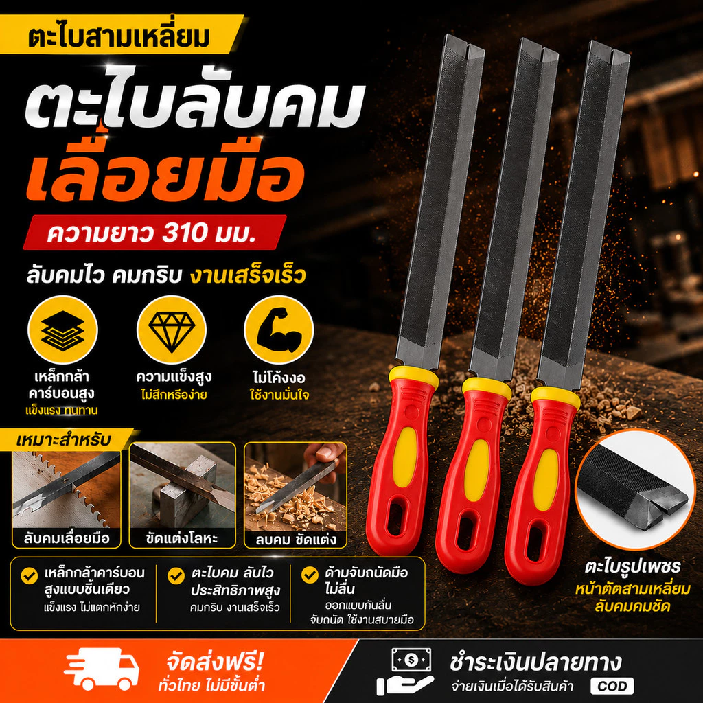 COD ตะไบสามเหลี่ยม 3pcs คมคม ตะไบลับคมเลื่อยมือ วัสดุเหล็กกล้าคาร์บอนสูง ความยาว 310 มม Metal File