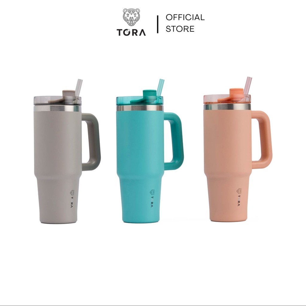 TORA แก้วเก็บความเย็น สแตนเลส 304 ขนาด 900 มล. มีหลอดดูด พร้อมหูจับ แก้วสแตนเลส แก้วน้ำเก็บความเย็น
