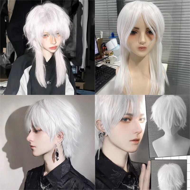 วิกผมทรง Mullet สังเคราะห์ สีขาว สำหรับผู้ชายและผู้หญิง ขนหนาฟูก เหมาะสำหรับทุกวันและParty รวมถึงCosplay Halloween