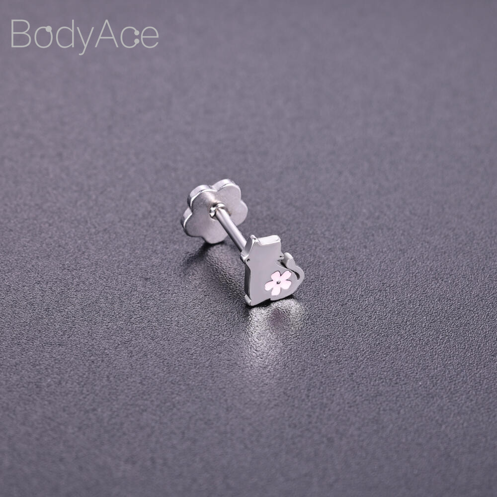 ต่างหู Bodyace 18G สตั๊ดคริสตัล ลายดอกไม้และแมว สีชมพู สำหรับเจาะ lobe และ lip ราคา ถูกที่สุด ดีลบีเคเค แกลเลอรีภาพที่ 2