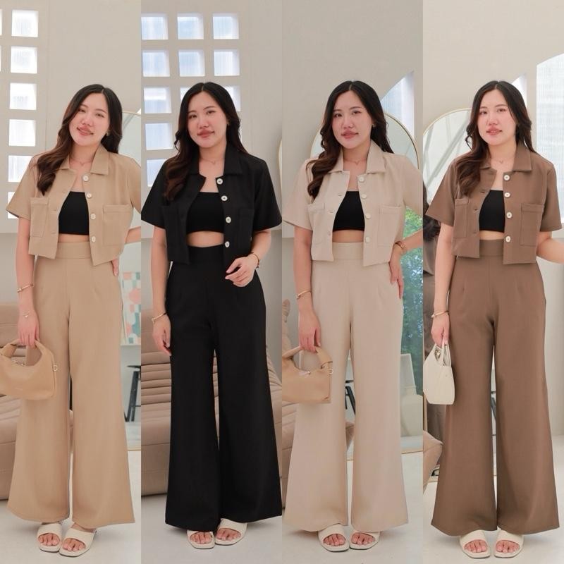 Merany Set AN307 ชุดเซตเสื้อคอปกกางเกงขายาวเอวสูงกระดุม