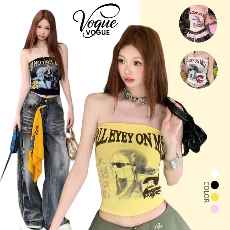 Vogue🌟พร้อมส่ง🌟 เสื้อเกาะอก เสริมฟองน้ำ ดีเทลสกีนลายตัวอักษร เท่ๆ (FY10151)