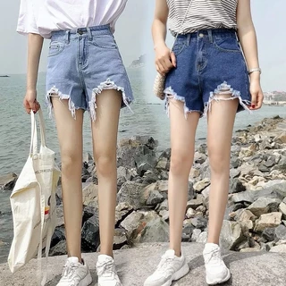 🌿SHOP_MKL🌿กางเกงยีนส์ขาสั้น เอวสูง ผ้าไม่ยืดปลายขาดเก๋ๆ แฟชั่น สไตล์เกาหลี S-3XL#2035