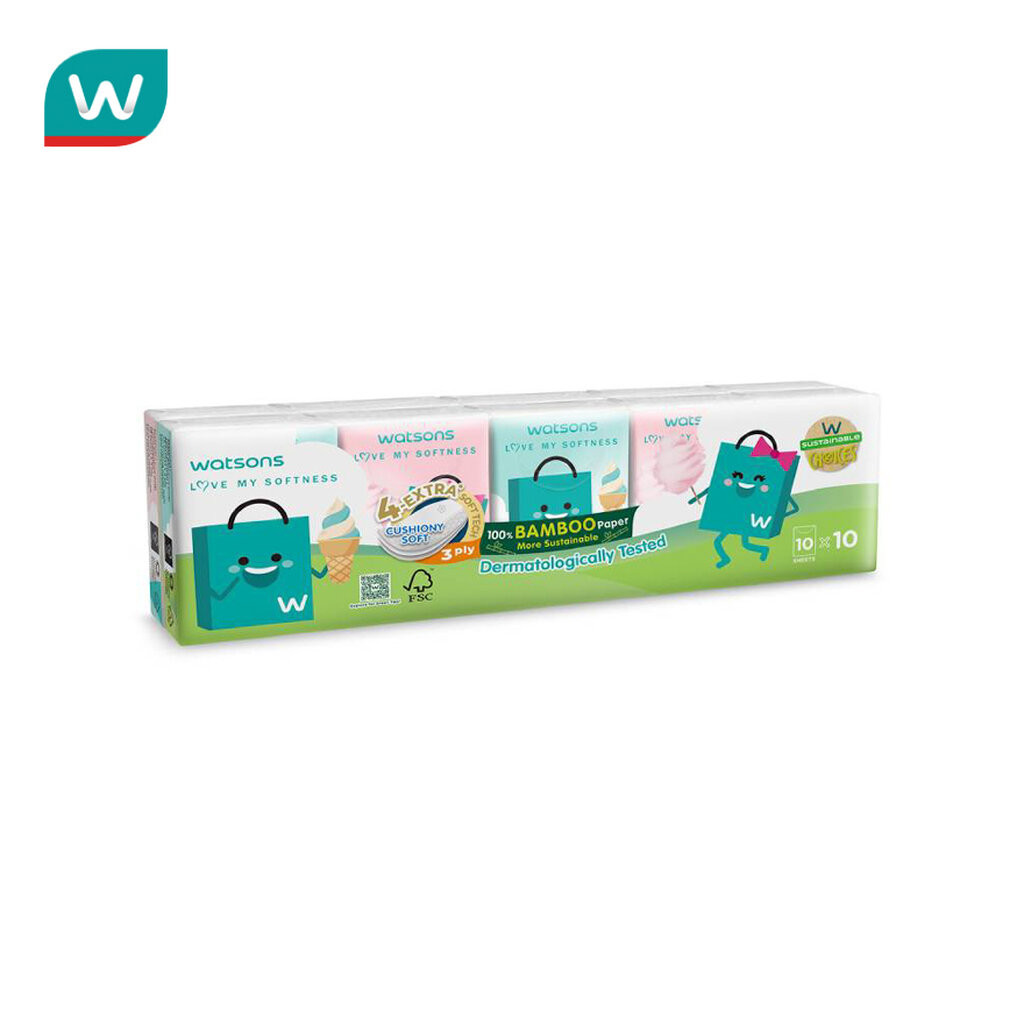 Watsons วัตสัน กระดาษทิชชูแบบพกพา (Watsbag 3) 3 ชั้น 10 แผ่น x 10 ซอง.