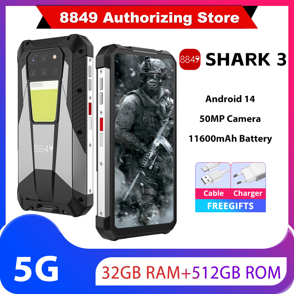 Unihertz 8849 SHARK 3,32GB + 512GB,5G ทนทาน,11600 MhA,จอแสดงผล 3K AMOLED,กล้อง 64MP Night Vision,And