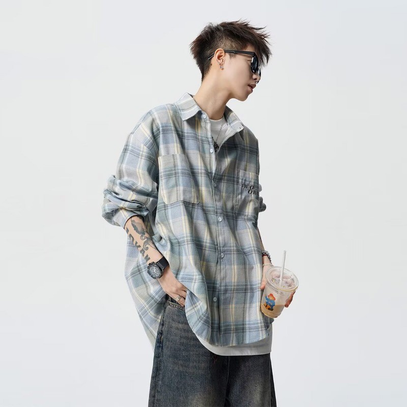 เสื้อเชิ้ตแขนยาวสไตล์อเมริกันย้อนยุค ลายสก๊อต สำหรับผู้ชาย ไซส์บวกหลวม สบาย - รูปที่ 7