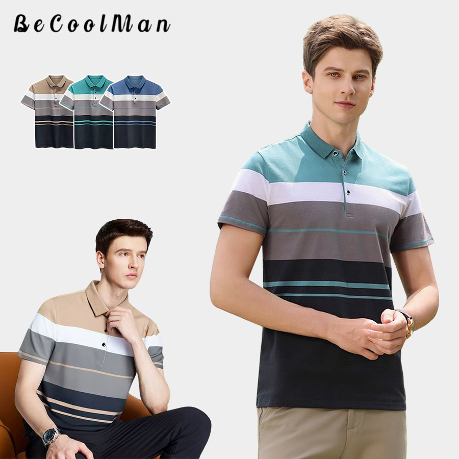 💥BecoolMan💥เสื้อ POLO ผู้ชาย สีเย็บ ตัวเลือกหลายสี ชุดพ่อวัยกลางคนและผู้สูงอายุ หย่อน อเนกประสงค์