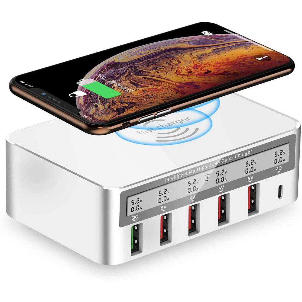 USB Fast Charger, 100W-6 พอร์ต USB Fast CHARGING Station QC 3.0 และ PD Speed Charger,10W Max ไร้สายช