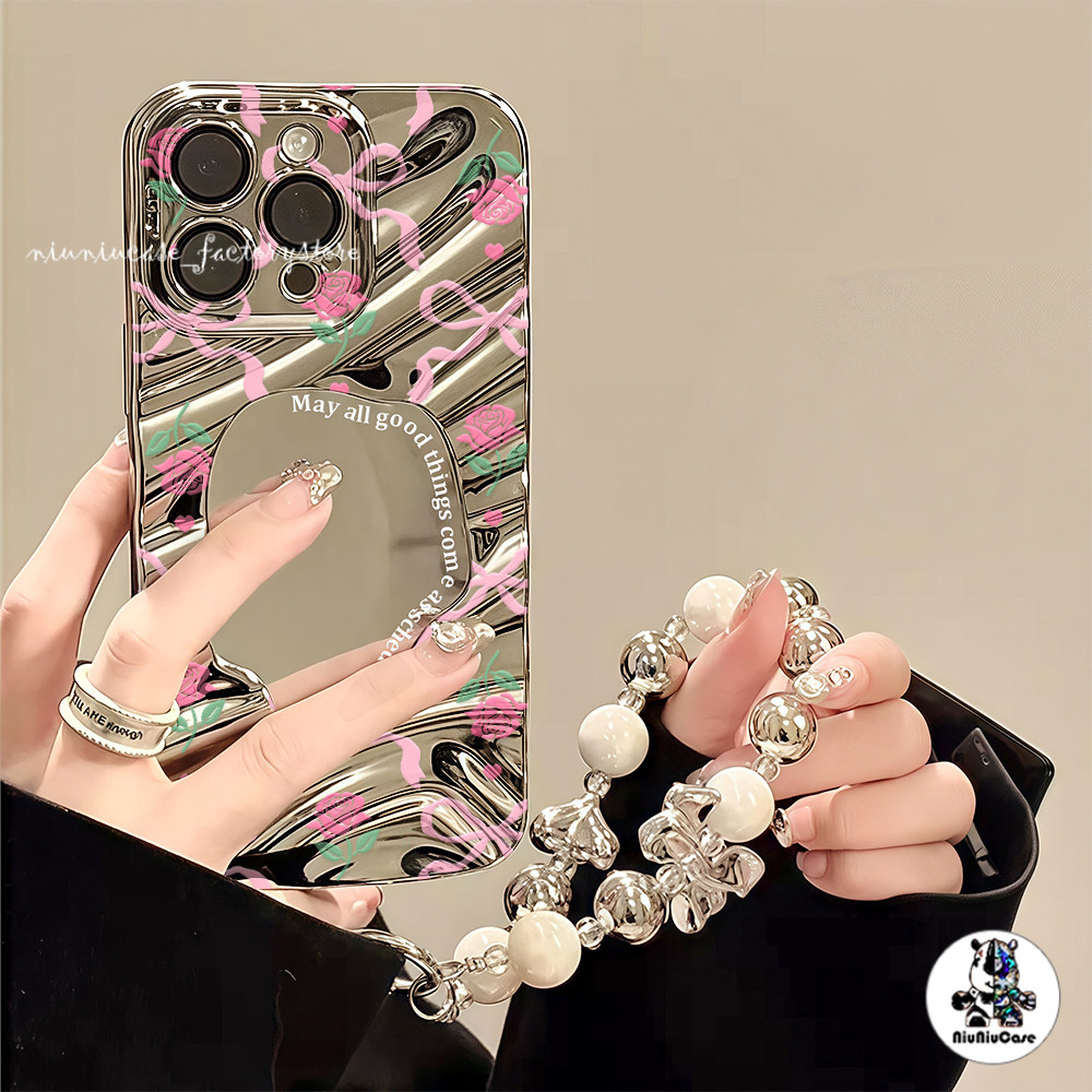 โบว์รูปผีเสื้อสตรอเบอร์รี่ เคสสำหรับไอโฟน13 Wave Mirror For iPhone 16 11 15 12 13 14 15 Pro Max 7 8Plus เคส ป้องกันการตก