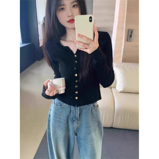 สเวตเตอร์แขนยาวผู้หญิง สไตล์ใหม่ V คอ สีดำ:size slim fit