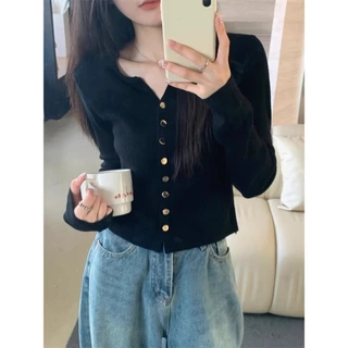 สเวตเตอร์แขนยาวผู้หญิง สไตล์ใหม่ V คอ สีดำ:size slim fit