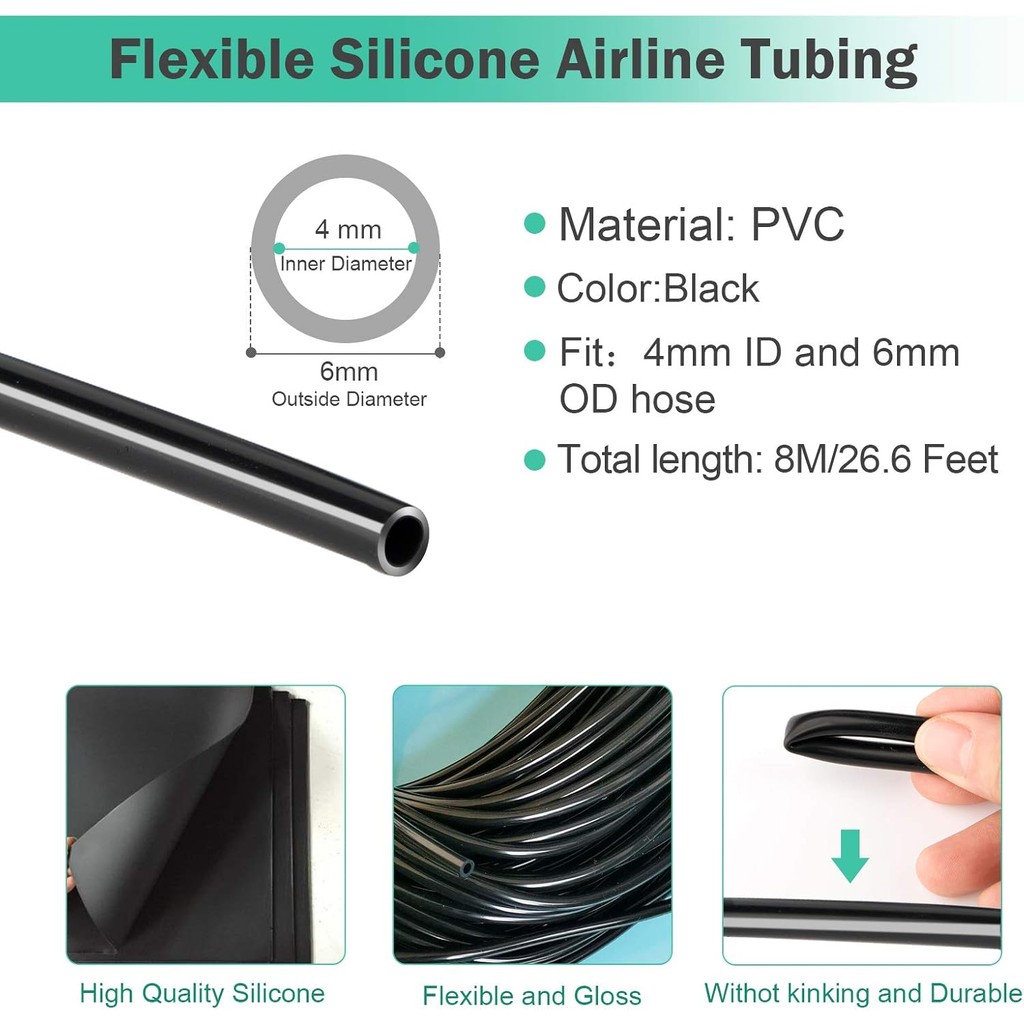 26.6 ฟุตสีดํา Aquarium Soft Airline ท่อท่อมาตรฐาน 4 หินอากาศ,4 Air Value Controller,4 เช็ควาล์ว, 6 ถ