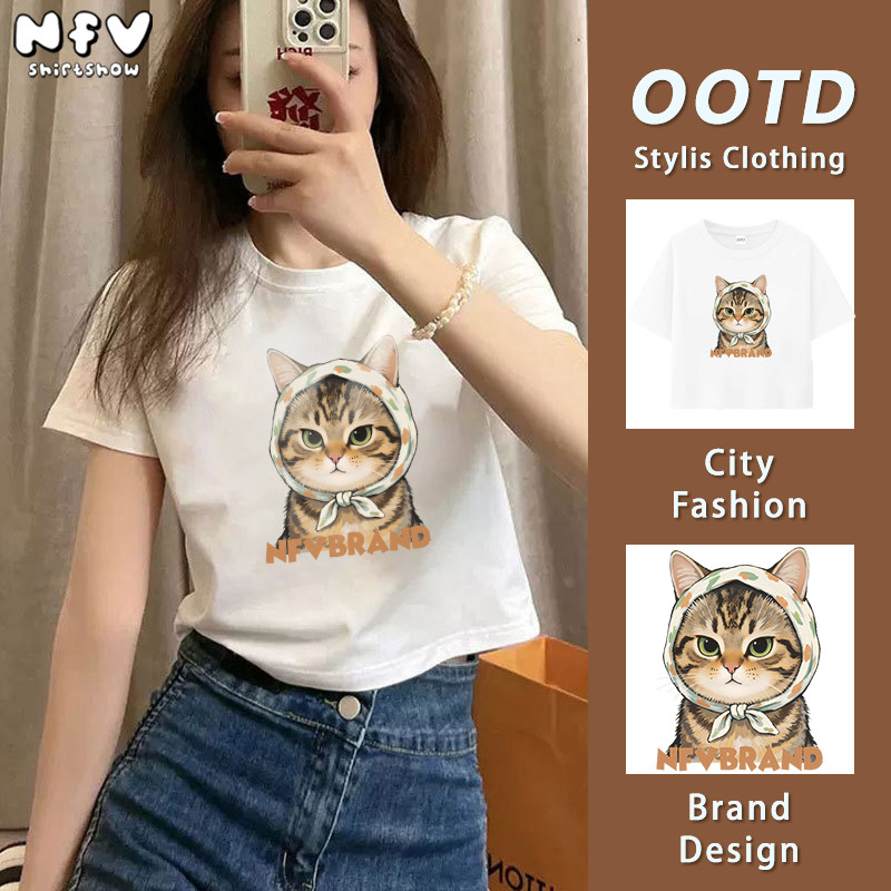 【จัดส่งตลอด 24 ชั่วโมง】NFV เสื้อยืดเซ็กซี่💕แฟชั่นสไตล์เกาหลี ลายพิมพ์แมวน่ารัก ใส่แล้วดูผอม เอวยางยืด baby tee YG2246