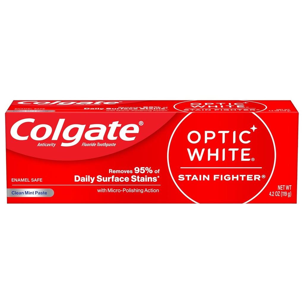 Colgate Optic White Stain Fighter Whitening Toothpaste, Clean Mint Flavor, Safely Removes Surface St