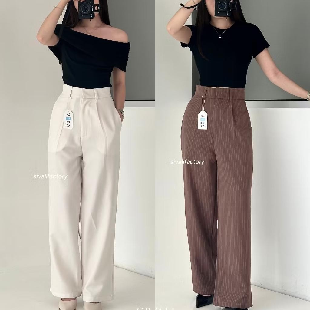 Gigi Pants Pants - กางเกงต่อต้านริ้วรอยสตรี Semiwool Stripe Highwaist - กางเกงสํานักงานอย่างเป็นทางก