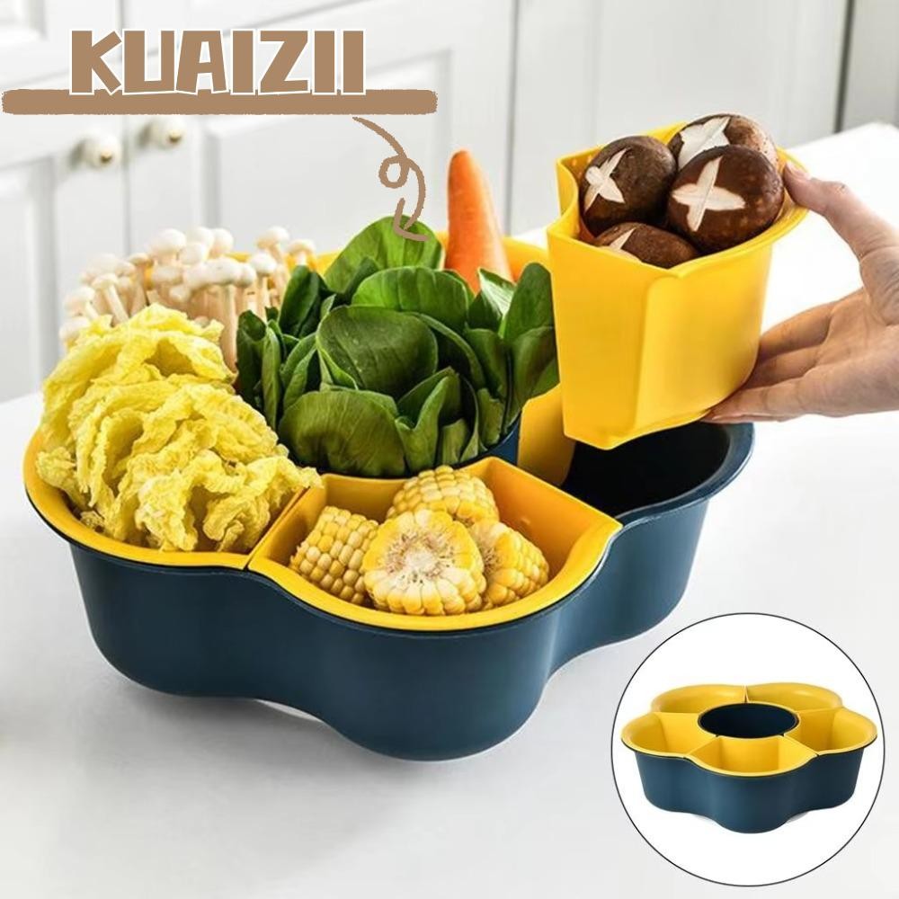 KUAIZII อ่างล้างผัก ท่อระบายน้ํา, แผ่นเสียงแบ่ง 7/9-ตาราง หมุนตะกร้าผักหม้อร้อน, ถาดเตรียมอาหารแบบพกพามัลติฟังก์ชั่นสองชั้น