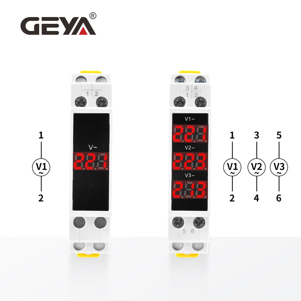 GEYA GV-1P/3P Single สามเฟส Modular Voltage Meter จอแสดงผล LED AC 80-500V 220V 380V DIN Rail