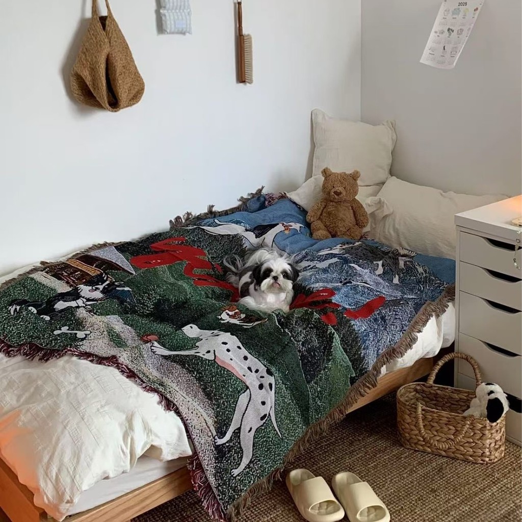 出口韩国订单Yippee治愈系卡通动物狗狗挂毯装饰毯子卧室布置毯子