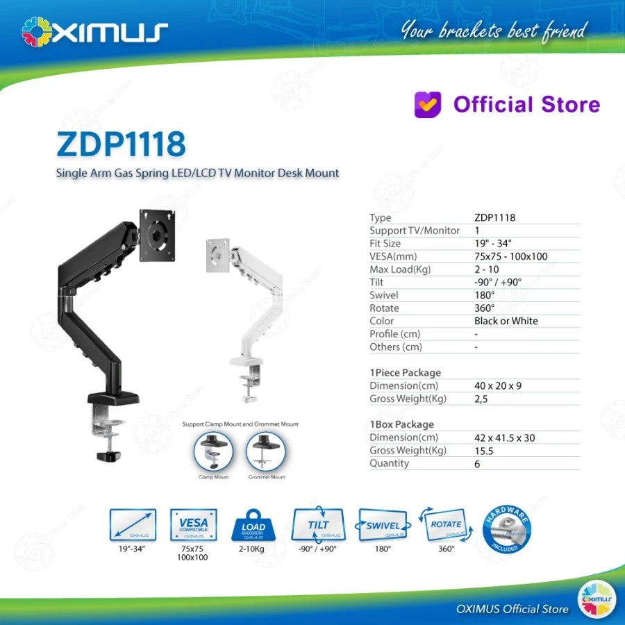 Oximus ZDP1118 1118 เอียงหมุน LED LCD แก๊สสปริง Monitor TV Bracket