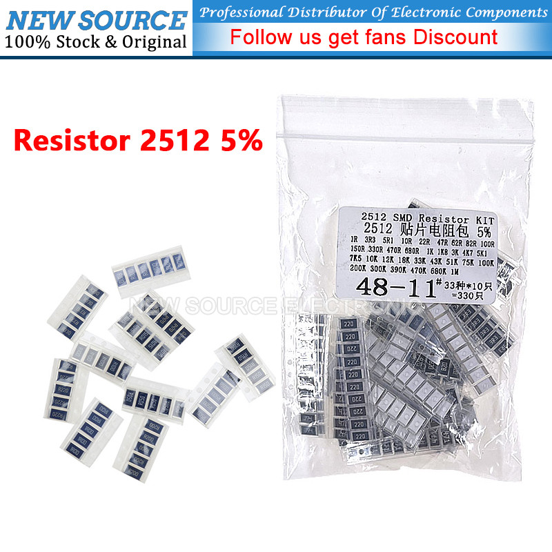 [330PCS] 2512 SMD Resistor Assorted Kit 33ValuesX10PCS 5% 1R 1M 100 47 33 22 100 220 470 330 KR Ohm