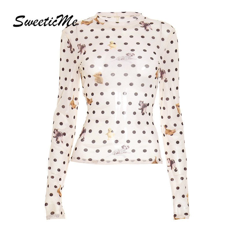เสื้อ Tops ผู้หญิง ลายพิมพ์เป็ดน่ารัก แขนยาวแบบซีทรู แฟชั่นใหม่ปี 2025