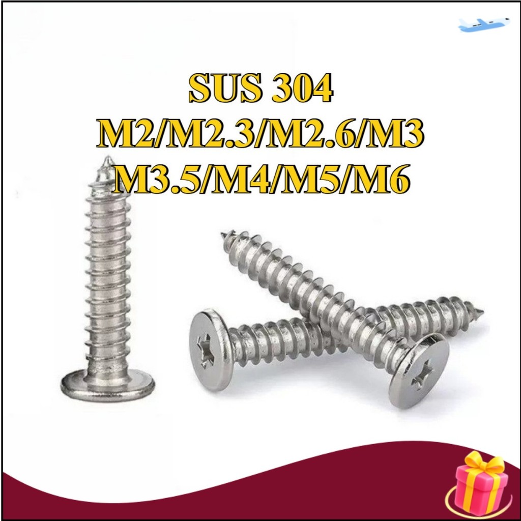 304 สแตนเลสสตีลหัวแบนสกรูเกลียวปล่อยหัวบางเฉียบข้ามหัวแบนแตะตัวเองเล็บ M2/M2.3/M2.6/M3/M3.5/M4/M5/M6 WDY-MB