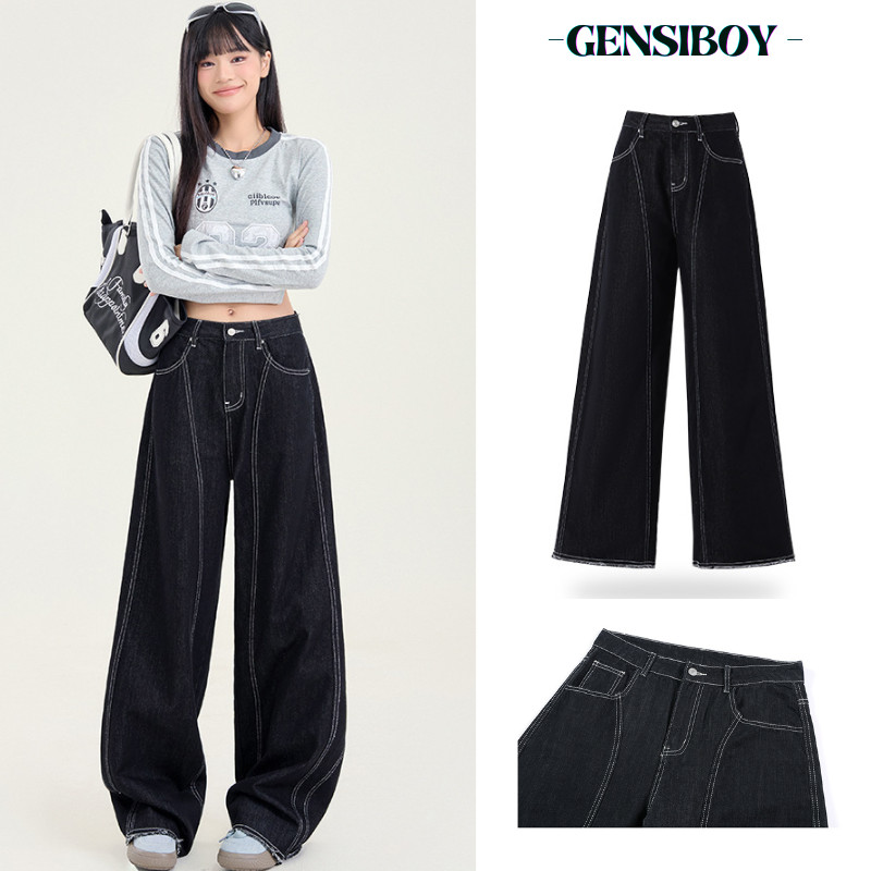 Gensiboy-กางเกงยีนส์ผู้ชาย สีน้ำเงินเดนิม​​ ทิ้งตัวสวย หลวมตรง ขายาว ทรงกระบอกใหญ่  สไตล์คลีนฟิต  M-3XL