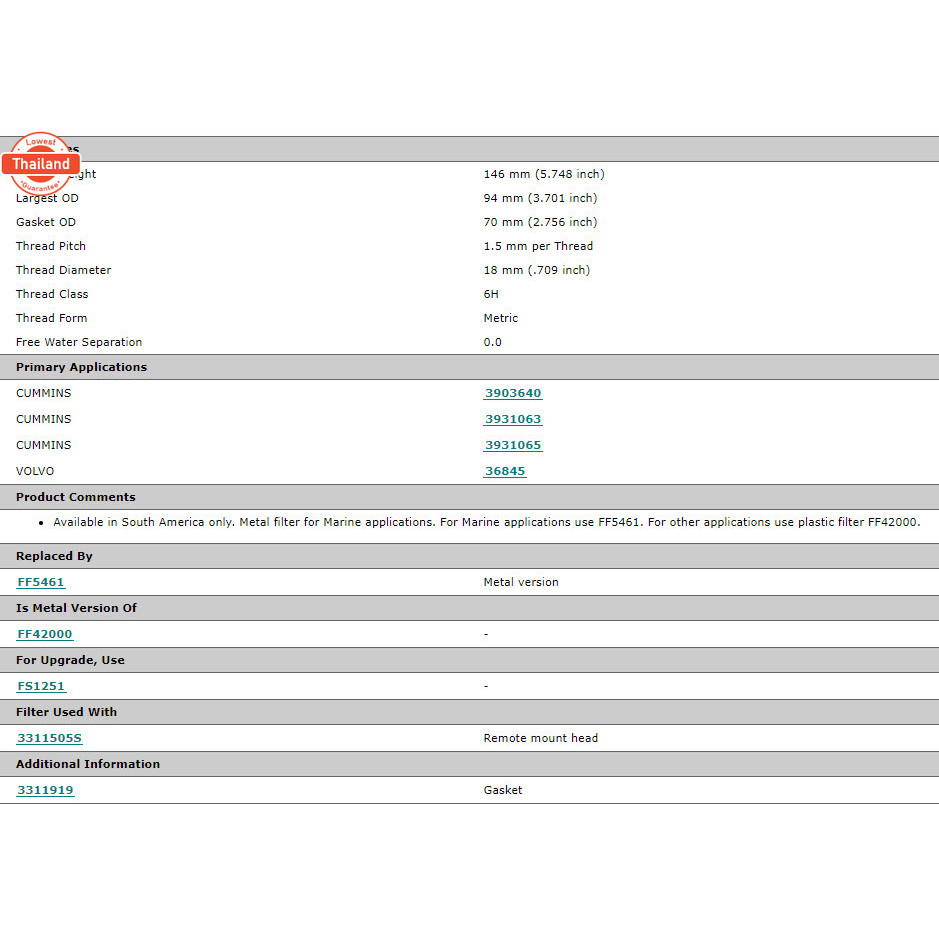 กรองน้ำมันโซล่าแไม่ดักน้ำ ฟลีทการ์ด genuine สำหรัเครื่องยนต์คัมมิ่นส์ Fleetguard Fuel Filter for Cum