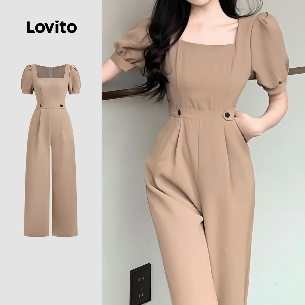 Lovito ชุดจั้มสูทแบบสบายๆ มีปุ่ม สำหรับฤดูใบไม้ผลิ/ฤดูร้อน สีคากิ สำหรับผู้หญิง L150AD1897