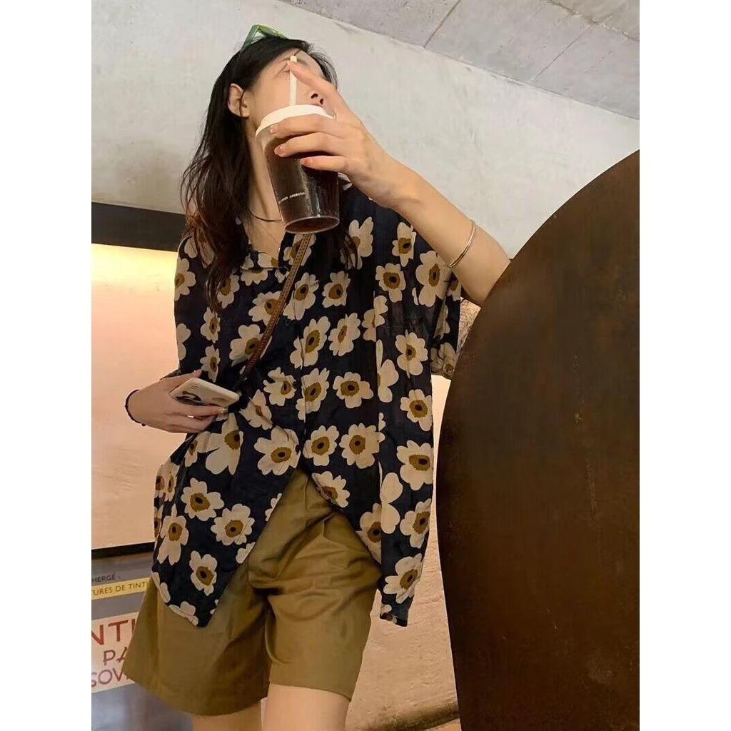 Hotgirl เสื้อเชิ้ตฮาวายผู้หญิง ลายดอกไม้ แขนสั้น ทรงหลวม thumbnail 7