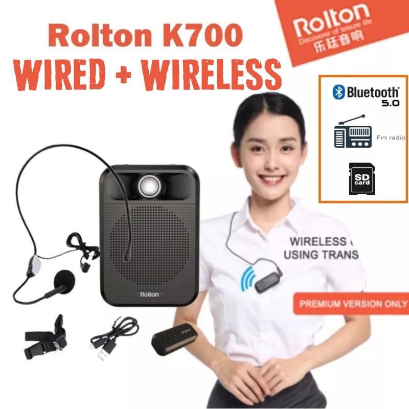 Rolton K700 (ไร้สาย) เครื่องขยายเสียงไมโครโฟนบลูทูธ 5.0 ลําโพงวิทยุ FM SD การ์ด MP3 บันทึกเสียงสายไร