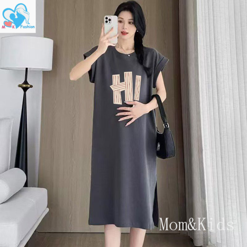 Mom & Kids Summer Plus Size Maternity Dress Loose Slimmer Look Over-the-Knee Pregnancy Dress ความยาวปานกลาง Fat Si