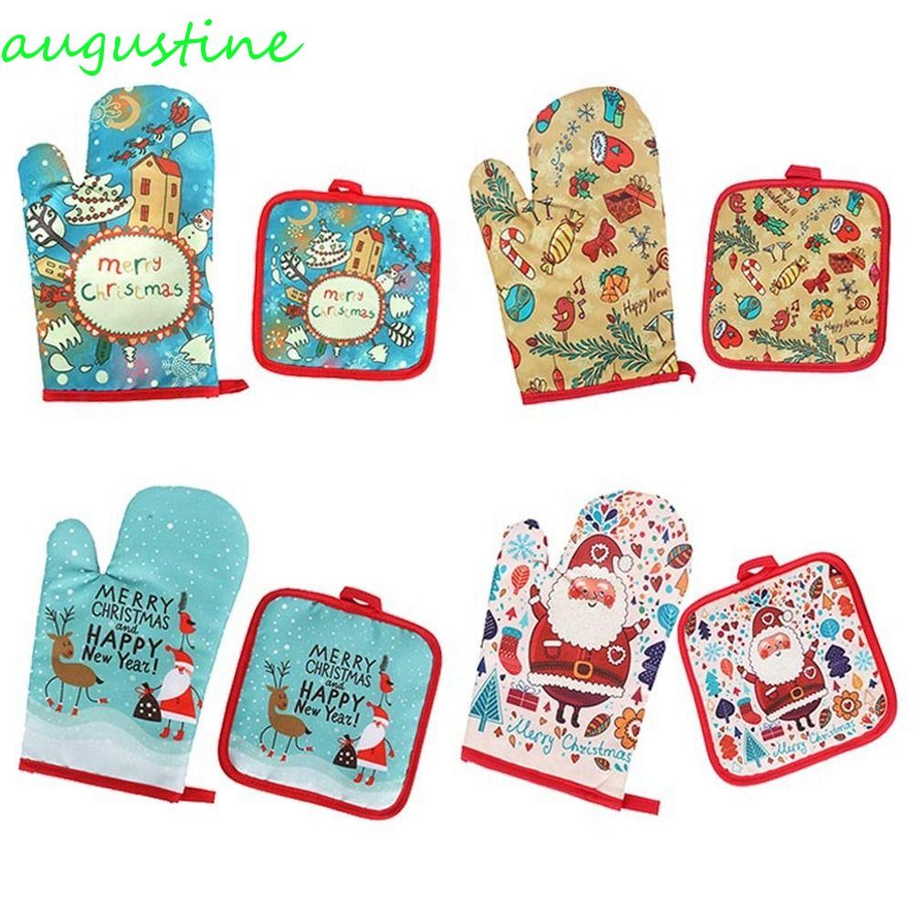 AUGUSTINE ถุงมือคริสต์มาสฉนวน 2 ชิ้นสําหรับบ้านคริสต์มาสไมโครเวฟเสื่อครัวเครื่องมือ
