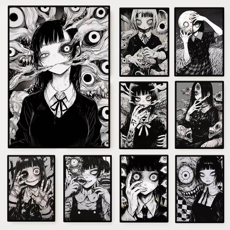 ภาพวาดมอนสเตอร์ญี่ปุ่น สไตล์การ์ตูน สีดำและขาว น่ากลัว เย็บจากผ้าใบ สำหรับตกแต่งบ้านห้องนั่งเล่น