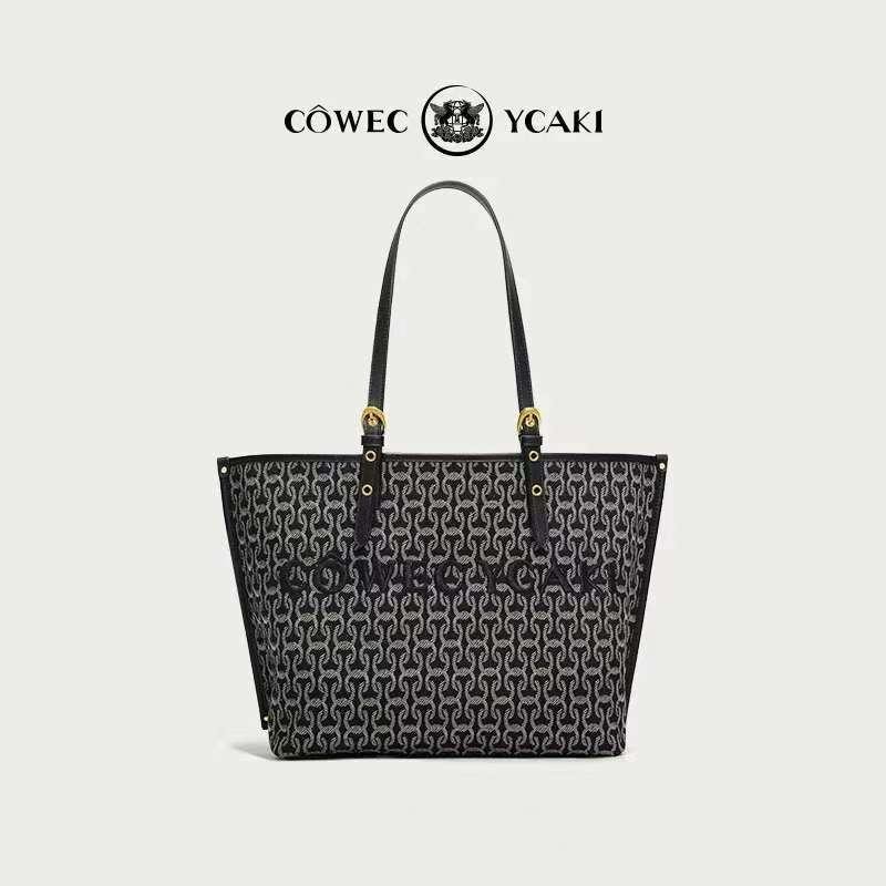 【COWECY 013】กระเป๋าโท้ท Jacquard, CYWE, ความจุมาก, กระเป๋าสะพายไหล่อเนกประสงค์ใหม่, เหมาะสำหรับการเด
