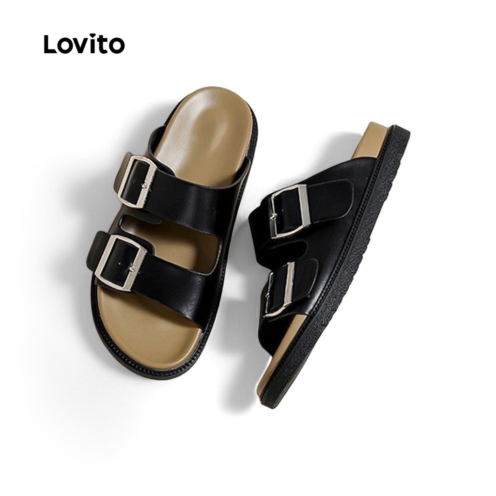 Lovito รองเท้าแตะลําลองธรรมดาหัวเข็มขัดโลหะ เบอร์เกนสต๊อก รองเท้าแตะส้นแบนความรู้สึกขี้เกียจสําหรับผู้หญิง LFA82140