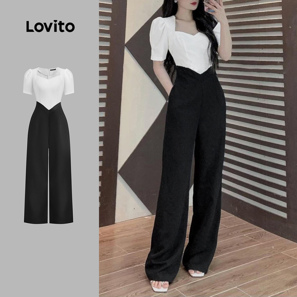 Lovito ชุดจั๊มสูท บล็อกสี สีพื้น หรูหรา สําหรับผู้หญิง L129ED050