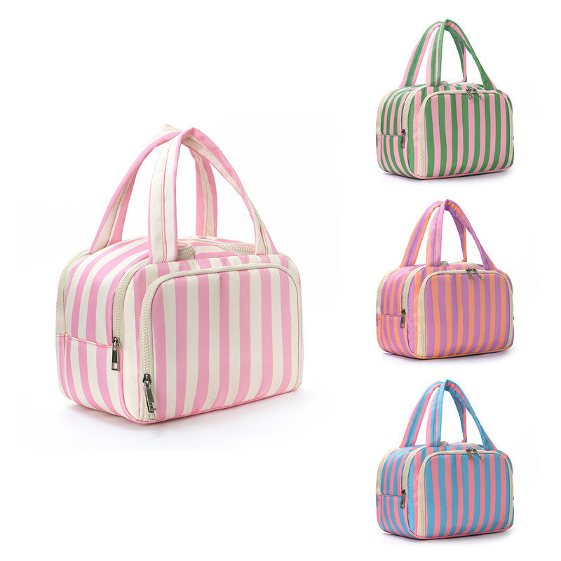 Feihong Stripe กระเป๋าเครื่องสําอางความจุขนาดใหญ่แบบพกพาแบบพกพากระเป๋าแป้งปุยเปิดกว้างแต่งหน้ากระเป๋