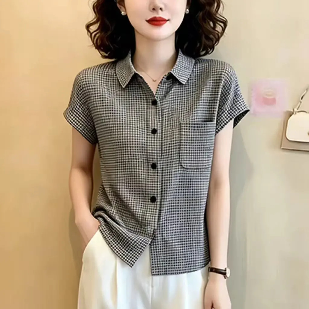 ส่งไวจากไทยBreezeXL-5XL เสื้อเชิ้ตแขนสั้นลายสก๊อตผู้หญิงฤดูร้อนเสื้อใหม่บวกขนาดเกาหลีหลวมสุภาพสตรีสั้นคอปกด้านบน