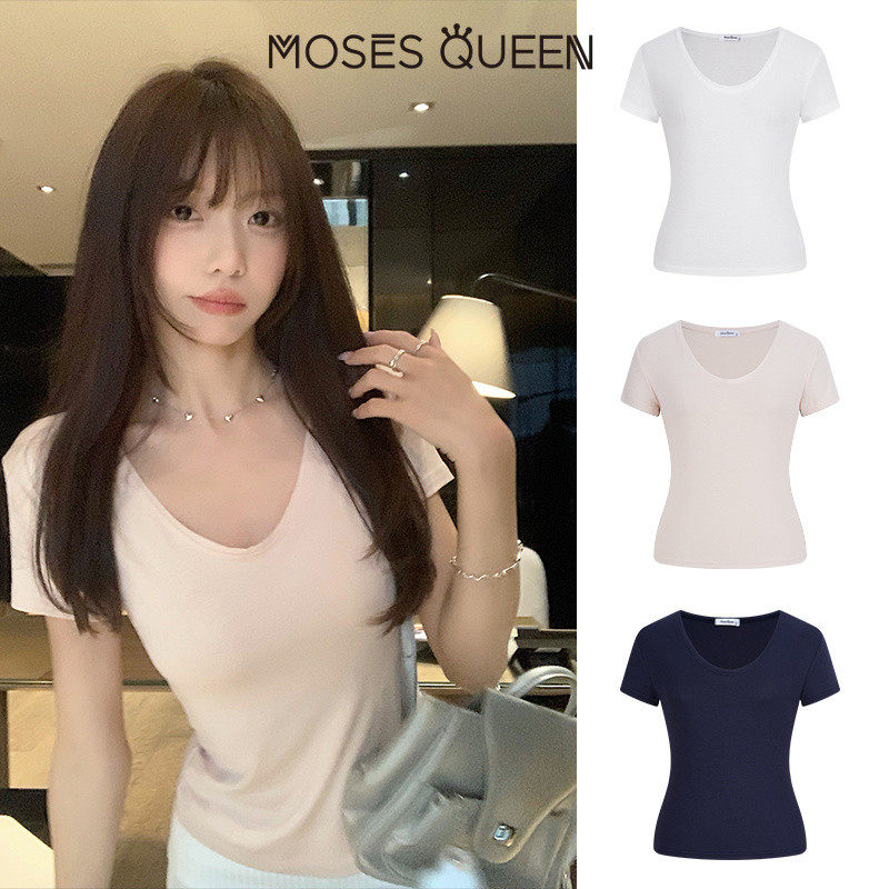 MOSESQUEEN เสื้อถักแขนสั้น ลายเส้นเรียบหรูสำหรับผู้หญิง ใส่ได้ทุกวัน #63359