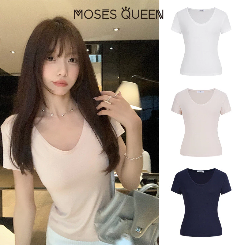 MOSESQUEEN เสื้อถักแขนสั้น ลายเส้นเรียบหรูสำหรับผู้หญิง ใส่ได้ทุกวัน #63359