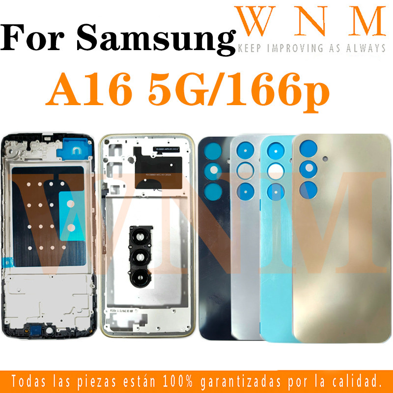 สําหรับ Samsung Galaxy A16 5G A166P LCD กรอบด้านหน้า Bezel ฝาหลังแบตเตอรี่ + กรอบกลาง + อะไหล่กรอบกล้องด้านหลังกรณีที่อยู่อาศัยศูนย์แชสซี + ปุ่ม