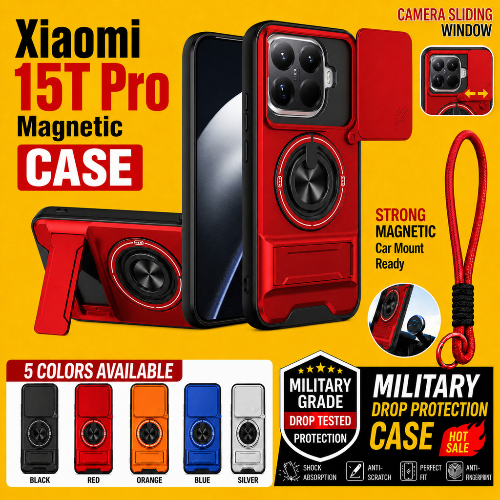 เหมาะสําหรับ Xiaomi 15T Pro 5G เคสโทรศัพท์แม่เหล็กที่แข็งแกร่งพร้อมเชือกเส้นเล็ก 360° ที่วางขาตั้งแหวนติดรถยนต์ป้องกันเลนส์กล้องกันกระแทกฝาครอบป้องกัน