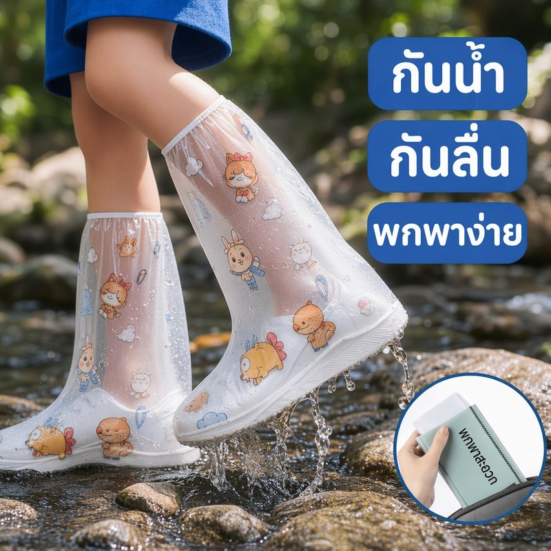 ถุงคลุมรองเท้ากันน้ำ กันฝน PE หนา กันลื่น พกพาง่าย ใช้แล้วทิ้ง เด็ก ผู้ใหญ่ เดินป่า ลุยฝน