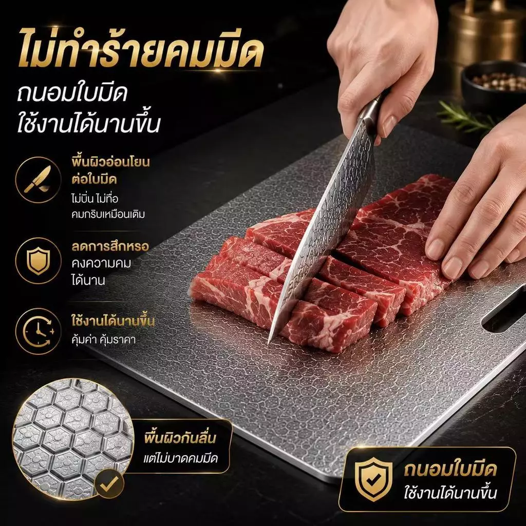 เขียงสแตนเลส 316L ลายรังผึ้ง กันลื่น ไม่ขึ้นรา ใช้หั่นผัก ผลไม้ และเนื้อสัตว์ อเนกประสงค์ thumbnail 5