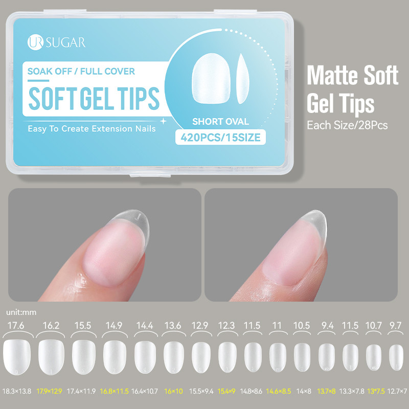UR SUGAR 420pcs Soft Gel เคล็ดลับเล็บสั้นรูปไข่ใส False Matte เต็มรูปแบบกดบนเล็บปลอมขยายเล็บเครื่องมือ