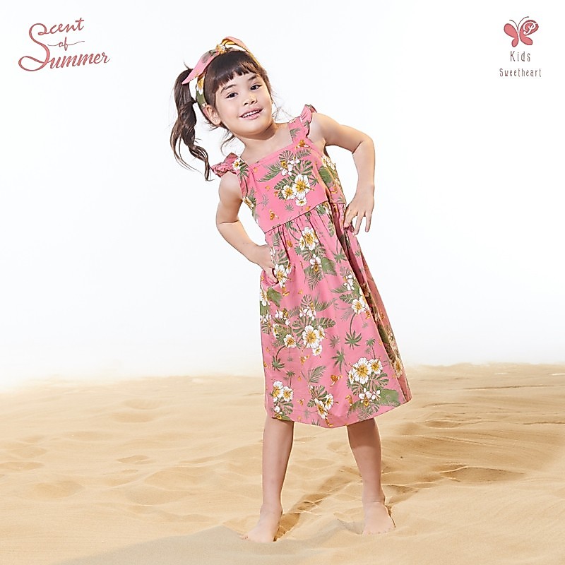 เดรสเด็กหญิง [Papillon] Girls Seabreeze Dress - Orchid & Hibiscus มียางสม็อกด้านหลัง ผ้า Cotton Rayo
