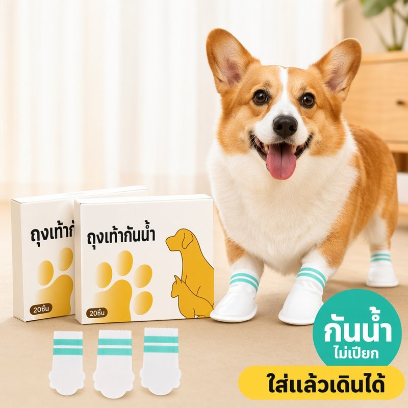 ปลอกเท้าสุนัขใช้แล้วทิ้ง กันน้ำ กันลื่น ถุงเท้าหมา รองเท้าแมว การ์ตูน 20 ชิ้น ไซส์ S M L