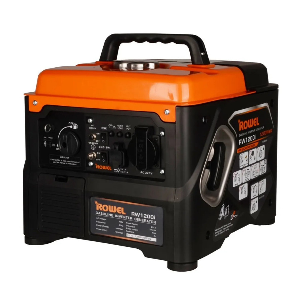 ROWEL เครื่องปั่นไฟเบนซิน รุ่น RW-GE-RW1200i อินเวอร์เตอร์ 220V. 1.8HP 1.2kW. 3.2A เครื่องกำเนิดไฟ