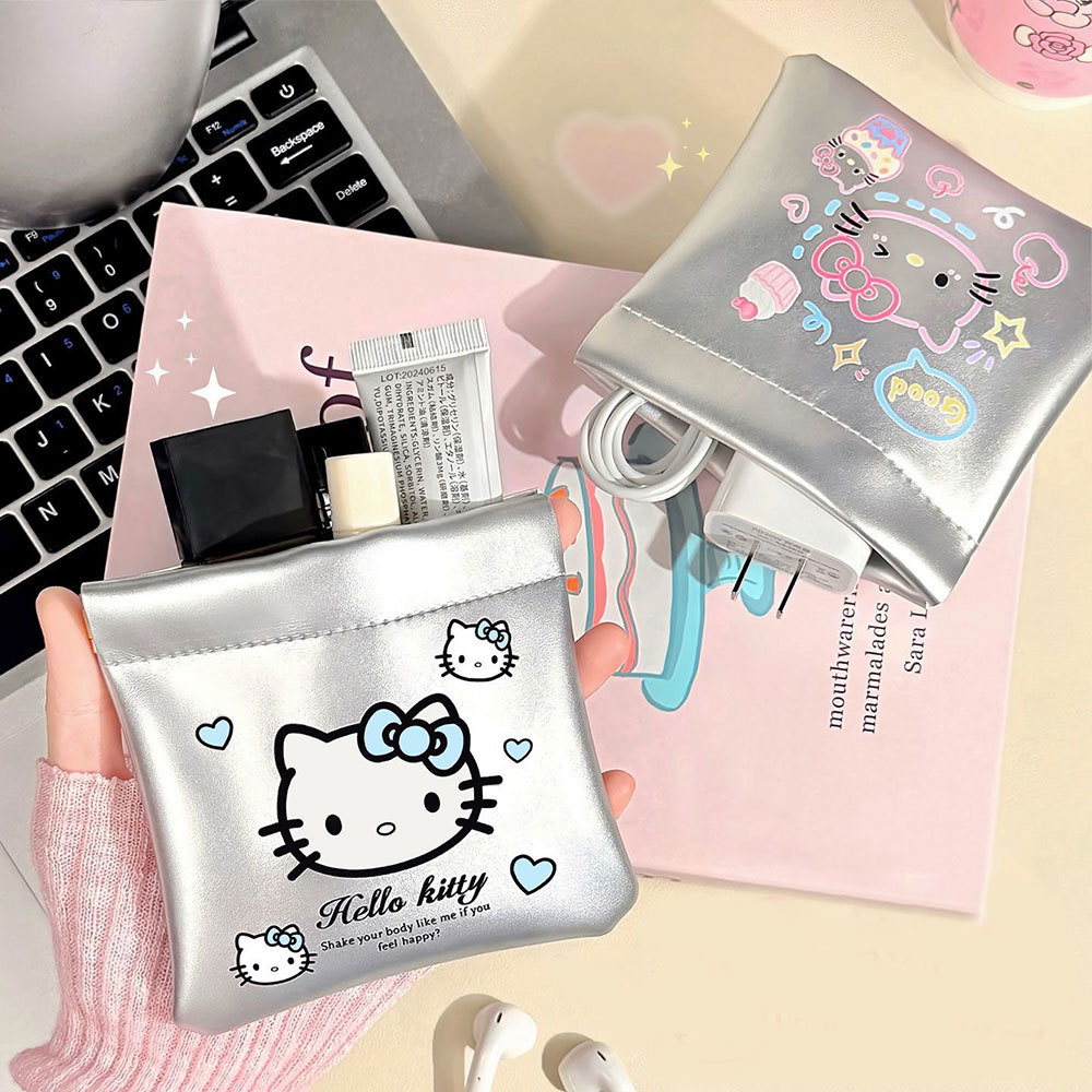 Silver Shiny Hello Kitty Auto Pop Up กระเป๋าเก็บน่ารักการ์ตูนพิมพ์สายเคเบิลข้อมูลหูฟัง Charger แบบพกพาขนาดเล็กอุปกรณ์เสริม Organizer กระเป๋า
